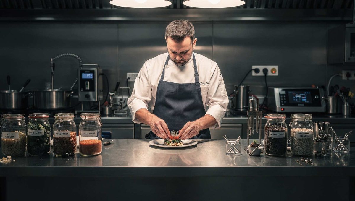 Chef working methodically in a test kitchen