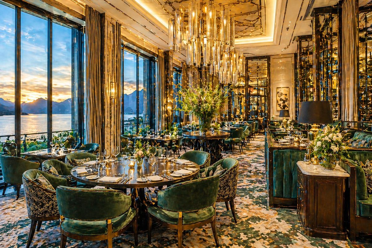 Elegant hotel restaurant dining room at sunset